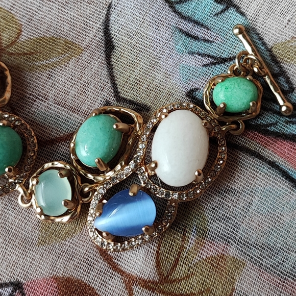 Badgley Mischka Ann Taylor Toggle Clasp Genuine Stones Bracelet Gold Tone Beachy - Picture 5 of 13